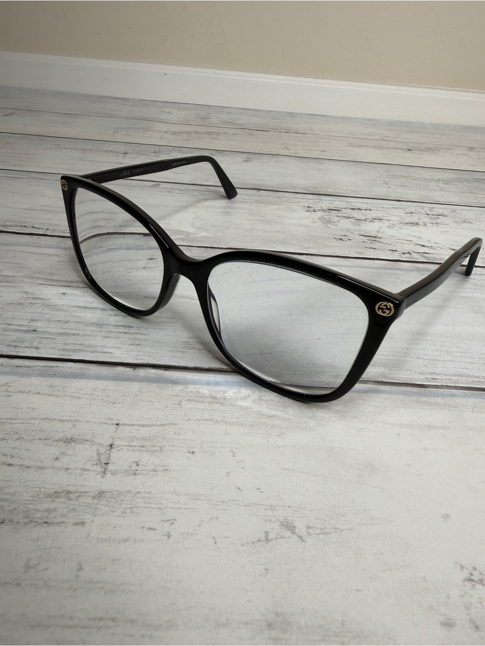 Gucci Black Cat-Eye Women’s Prescription Glasses with Gold GG Emblems